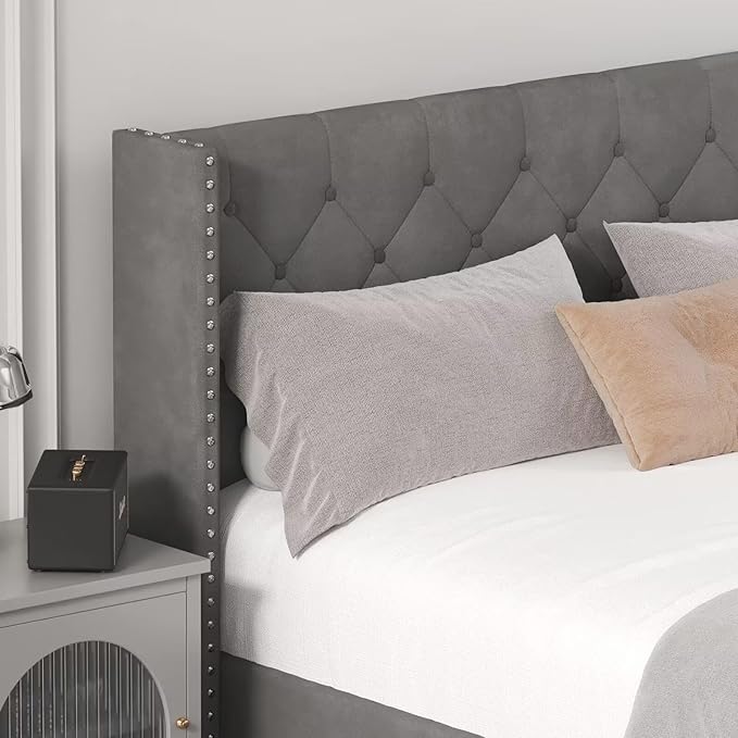 Full Size Bed Frame with LED Lights, Upholstered Bed Frame with Wingback Diamond Tufted Headboard, Wood Slats Support, Noise-Free, Easy Assembly, No Box Spring Needed, Grey-Ruum Studio Home