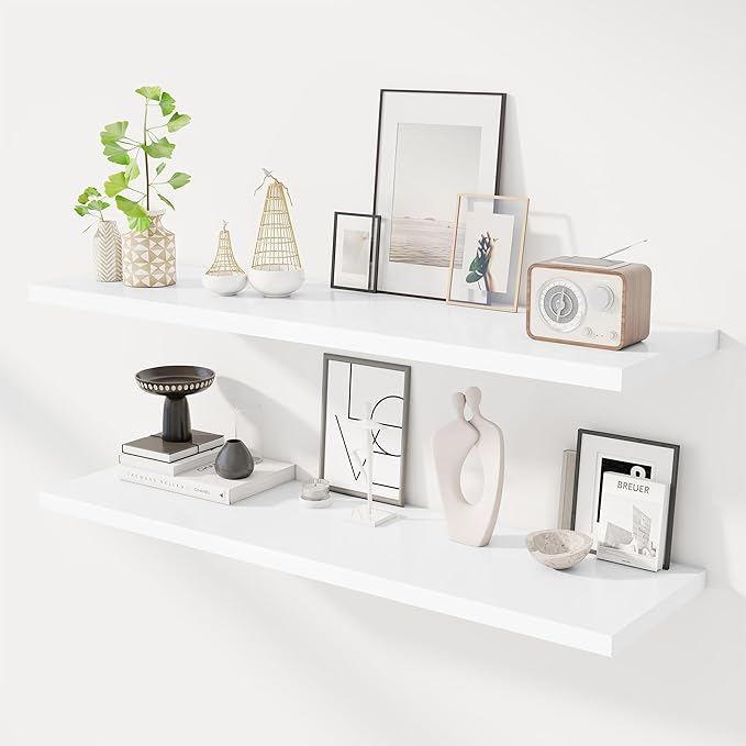 48" Floating Shelves for Wall, 12" Deep Slim White Floating Shelves, Wall-Mounted Shelves for Bedroom, Living Room, Kitchen, Bathroom - Set of 2-Ruum Studio Home