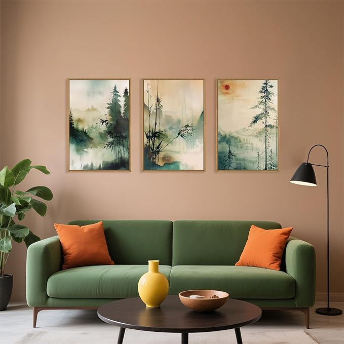 Chinoiserie Nature Framed Canvas Wall Art Set, Mountain and Forest Landscape Painting, Natural Bamboo Pine Tree Lakes Wall Decor for Living Room, Bedroom, Dining Room, Office - 16"x24"x3-Ruum Studio Home