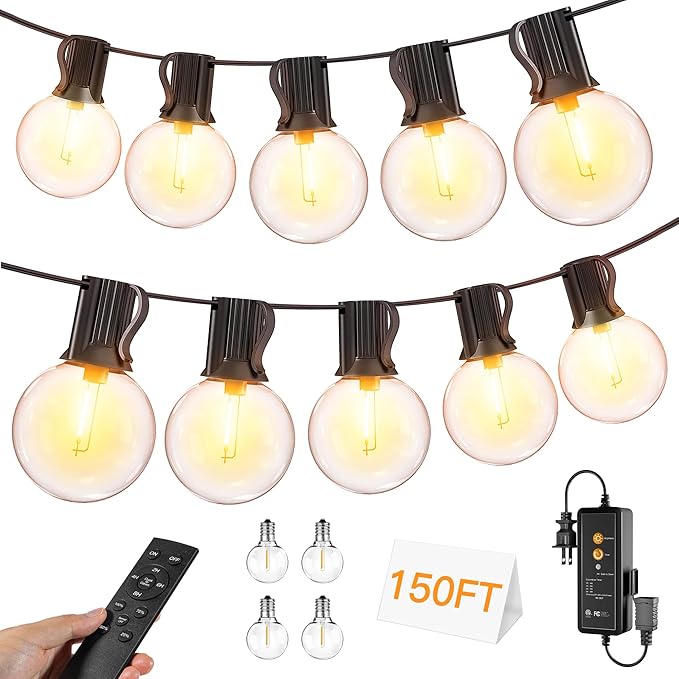Outdoor String Lights 150FT with Remote Dimmer, G40 Globe LED Patio Lights with 75 Edison Plastic Bulbs(4 Spare), Waterproof Connectable Hanging Lights for Backyard Porch Balcony Yard Deck Party Decor-Ruum Studio Home