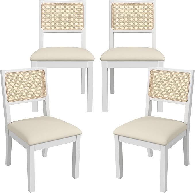 Westice Rattan Dining Chairs Set of 4, Farmhouse Natural Dining Room Chairs with Upholstered Cushion, Wood Armless Chairs for Kitchen/Restaurant, White-Ruum Studio Home