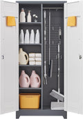 Garage Storage Cabinet,Broom Closet with Lock,Locking Cabinets with Hanging Rod & S-Hooks for School,Garage,Grey-White-Ruum Studio Home