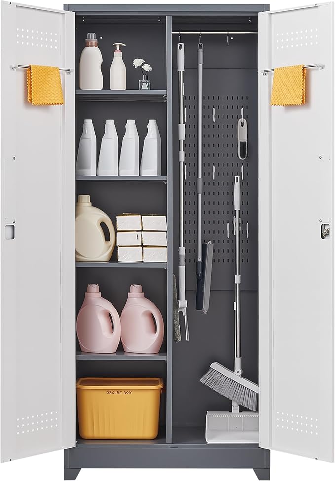 Garage Storage Cabinet,Broom Closet with Lock,Locking Cabinets with Hanging Rod & S-Hooks for School,Garage,Grey-White-Ruum Studio Home