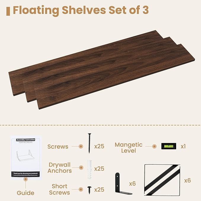 Heimlove 48 Inch Large Floating Bookshelves Set of 3,Wall Mounted Bookshelves,Heavy Duty Wooden Shelves for Living Room,Bedroom,Kitchen,Laundry Room Storage & Decor-Walnut Color-Ruum Studio Home