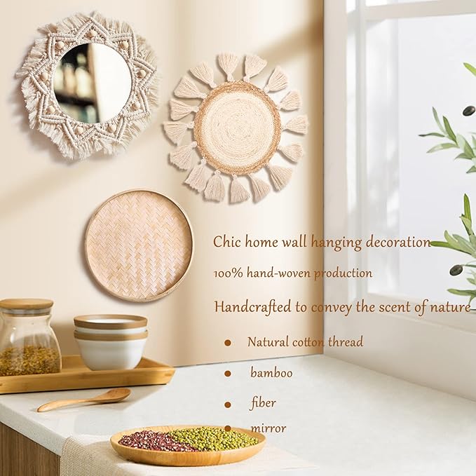 Boho Wall Basket Decor Set - Flat Woven Macrame Tapestry, Mirror White Round Tassels, Handmade Rattan Wicker Seagrass Wall Basket-Ruum Studio Home