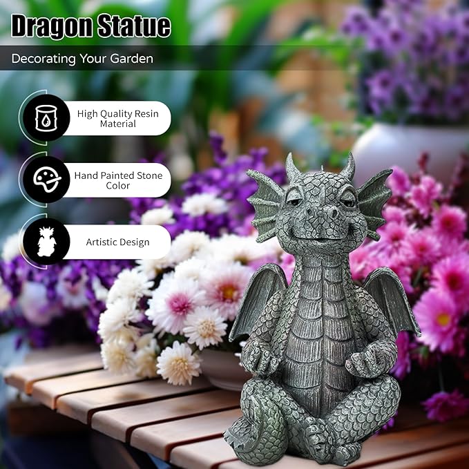 Garden Dragon Statue Decor - Meditation Dragon Sculpture Figurine Outdoor Decoration, Zen Yoga Garden Art Sculpture for Patio Lawn Yard Balcony Indoor Decor(Hands Flat)-Ruum Studio Home