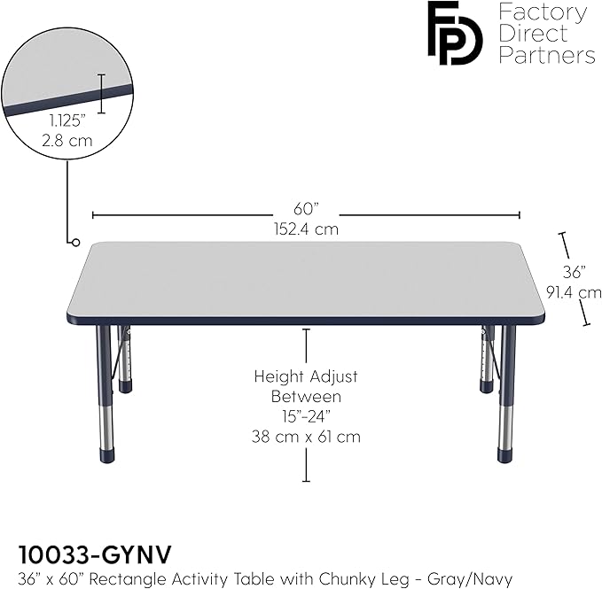 FDP Rectangle Activity School and Classroom Kids Table (36 x 60 inch), Toddler Leg, Adjustable Height 15-24 inches - Gray Top and Navy Edge-Ruum Studio Home