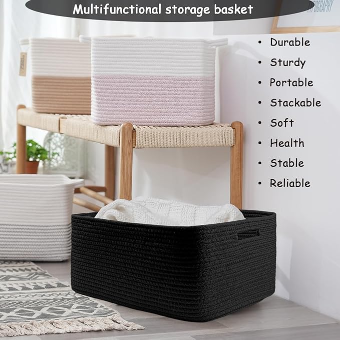 COMFY-HOMI Cotton Rope Woven Basket with Handles for Shelves,Toys,Book, Cloth Storage Baskets for Organizing-17" x 13" x 7.5" Toy Decorative Organizer for Living Room, Bathroom （all black）-Ruum Studio Home