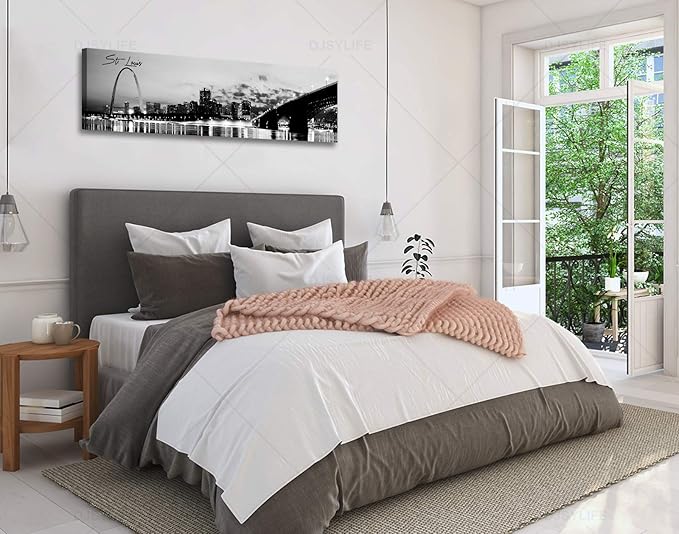 DJSYLIFE Panoramic St. Louis Skyline Wall Art Cityscape Picture Black and White Canvas Print Night View Urban Landscape Modern Artwork Office Bedroom Decor Framed and Ready to Hang 13.8"x47.3"-Ruum Studio Home