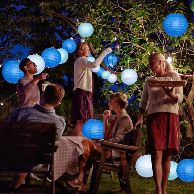 Paper Lanterns Decorative, Blue Hanging Paper Round Chinese Lanterns with Lights for Wedding Graduation Birthday Party 12 LED Light Pack of 12-Ruum Studio Home