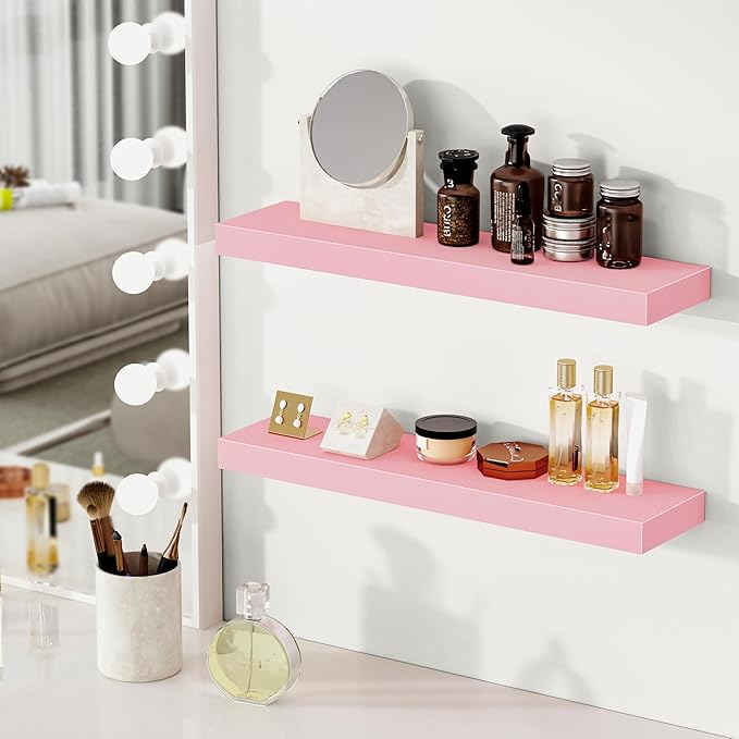 BAMEOS Pink Floating Shelves for Wall, 24" x 6" Wall Shelves for Room, Floating Book Shelves, Hanging Shelves for Bedroom, Bedroom, Living Room, Kitchen (Set of 2)-Ruum Studio Home