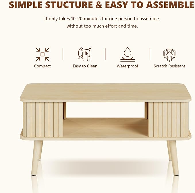 LAZZO Coffee Table with Storage Center Table for Living Room Rectangle Coffee Table with Rounded Edges,Easy Assembly, Natural Wood-Ruum Studio Home
