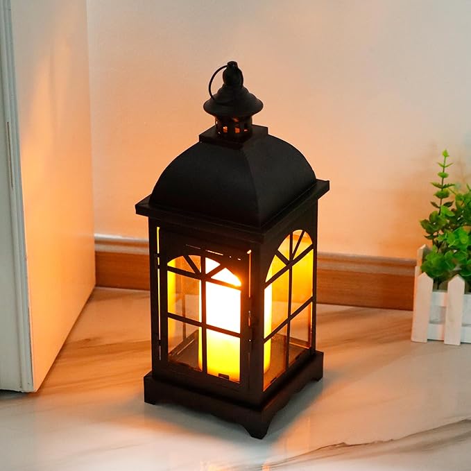 TRIROCKS Decorative Vintage Candle Lanterns 14.5" H Farmhouse Outdoor Hanging Lanterns with Tempered Glass for Porch, Balcony, Patio, Home, Centerpieces, Indoor, Outdoor(Black)-Ruum Studio Home
