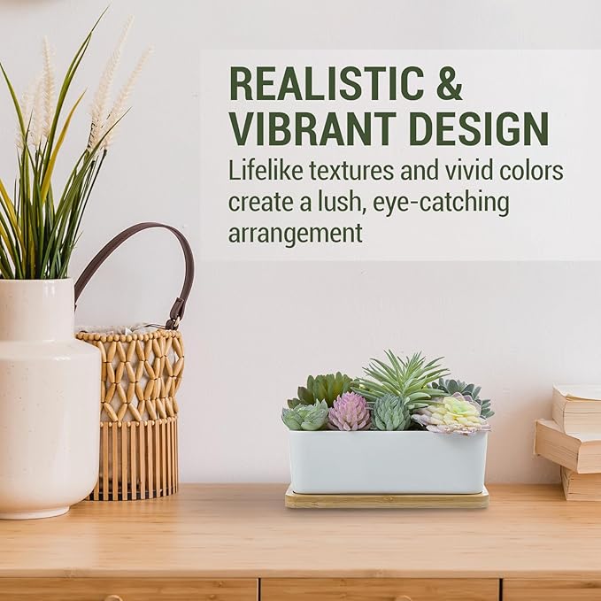 MyGift Assorted Artificial Succulent Plant Arrangement Potted in White Ceramic Planter Pot with Removable Bamboo Tray-Ruum Studio Home