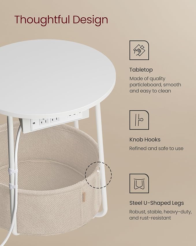 VASAGLE Side Table with Charging Station, Round End Table with Fabric Basket, Nightstand with Power Outlets, USB Ports, for Living Room, Bedroom, Modern, Matte White and Camel Brown ULET228W01-Ruum Studio Home