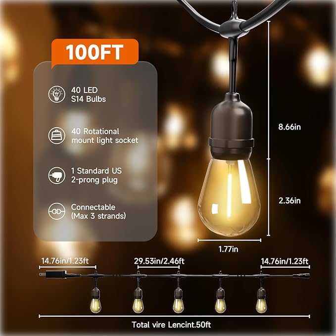 Outdoor Safety String Lights 100FT - 24V 20W Commercial Grade Low Voltage Strand with 40 S14 Shatterproof Bulbs for Tree Garden Yard Cafe Bistro | Warm Yellow 3500K | IP65 Waterproof | UL Listed