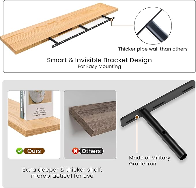 Fun Memories Solid Oak Wood Floating Shelves, 9.3 Inch Deep Natural Wood Shelf with Invisible Heavy Duty Bracket for Bathroom Bedroom Kitchen - 48inch Set of 1, Natural-Ruum Studio Home