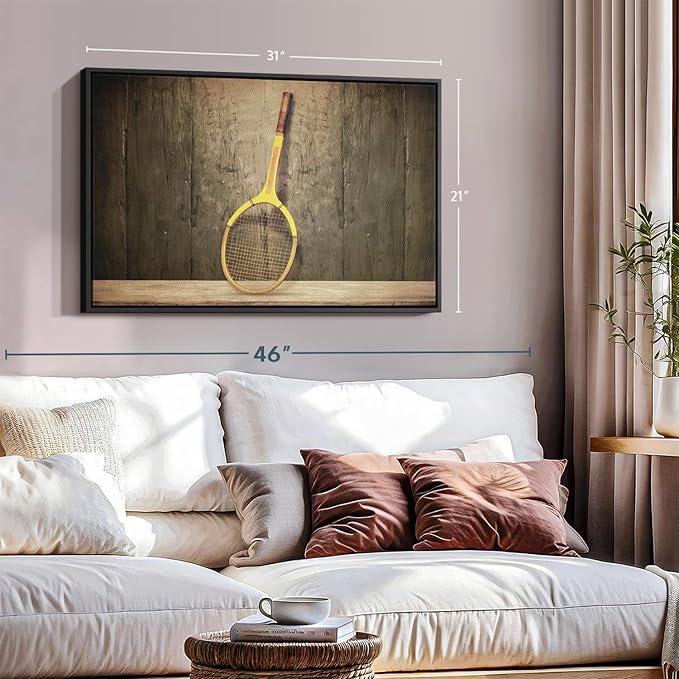 ElephantStock Vintage Tennis Racket Wall Art - Horizontal Framed Canvas - 1-Piece Living Room Wall Decor - Photography Sports Canvas Print - Brown and Black Decor for Wall - 31" X 21"-Ruum Studio Home