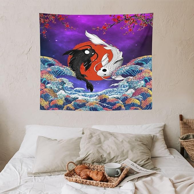 Houselerax Japanese Koi Fish Tapestry, Yin Yang Big Wave Cherry Blossom Tapestries Wall Hanging for Bedroom Living Room Office Decor 60"x50"-Ruum Studio Home