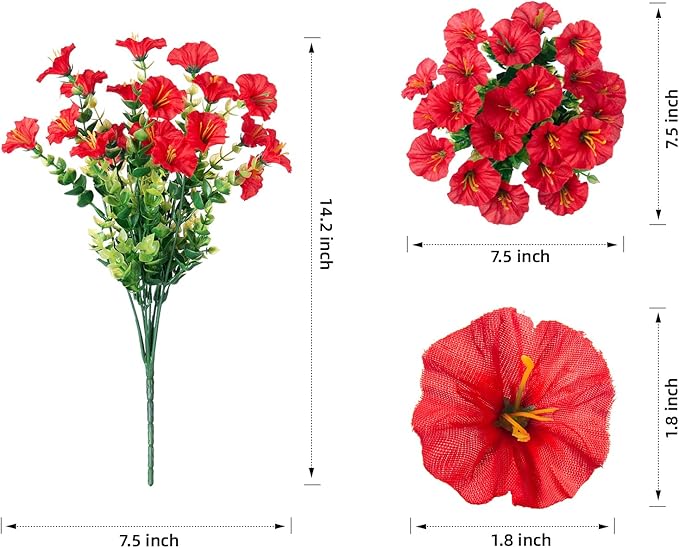 Artificial Flowers for Outdoors Fake Plants Outside Decoration, 12 Bundles Silk Red Morning Glory UV Resistant Look Real Faux Flowers for Planter Front Door Porch Patio Yard Gardens Balcony-Ruum Studio Home
