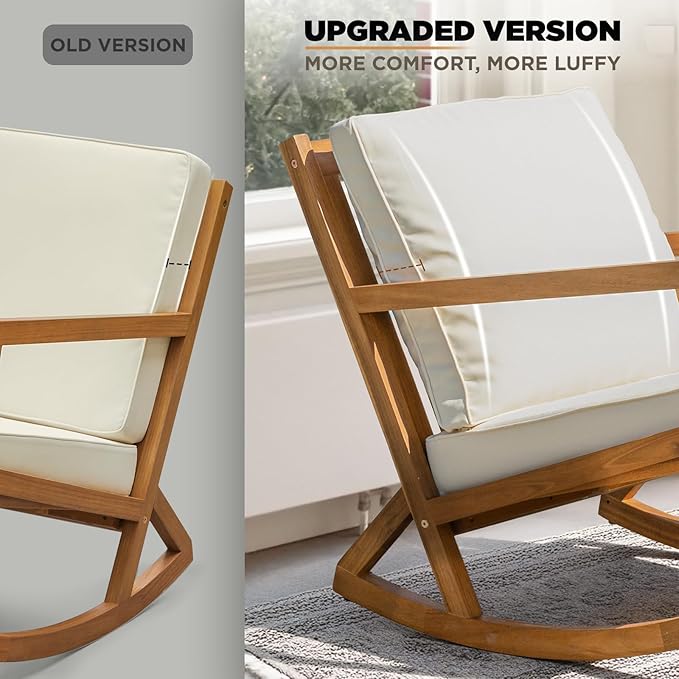 IDZO Club Rocking Chair 500lbs Capacity with Inclined Backrest, Thick Foam Cushion, Solid Acacia Wood Rocker for Patio, Backyard, Balcony, Porch-Ruum Studio Home
