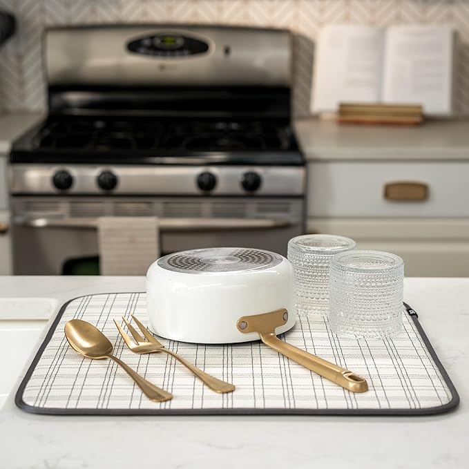 S&T INC. Dish Drying Mat, 16” x 18”, Absorbent Microfiber Kitchen Counter Mat, Dish Drying Pad for Dishes, Utensils, Pots and Pans, Large, Stitched Plaid-Ruum Studio Home