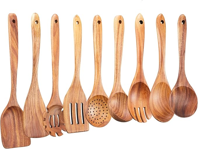 Wooden Kitchen Utensils Set,GUDAMAYE 9 PCE Natural Teak Wooden Spoons For Non-stick Pan for Cooking,-Ruum Studio Home