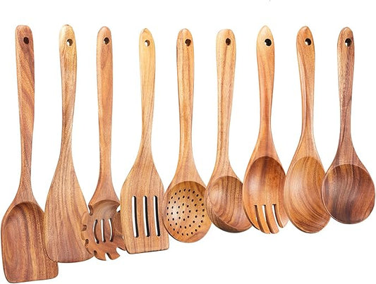 Wooden Kitchen Utensils Set,GUDAMAYE 9 PCE Natural Teak Wooden Spoons For Non-stick Pan for Cooking,-Ruum Studio Home