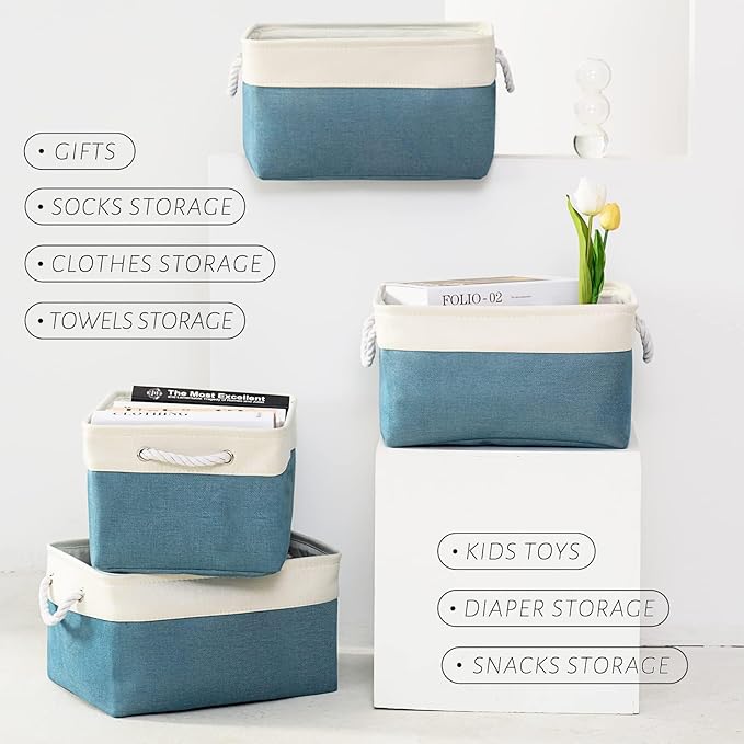 TcaFmac Storage Basket for Organizing - Large 4 Pack Fabric Storage Bins Baskets for Shelves with Ropes, Collapsible Storage Cubes for Closet Toy (White & Green16x12x8 inch)-Ruum Studio Home