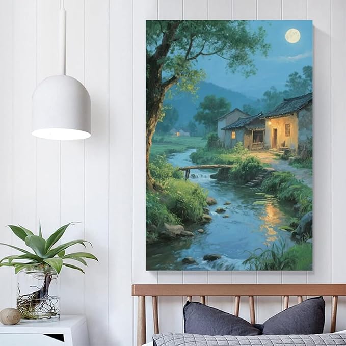 Moonlight under the big tree creek cabin scenery is suitable for posting in the living room bedroom office scenery poster wall painting-Ruum Studio Home