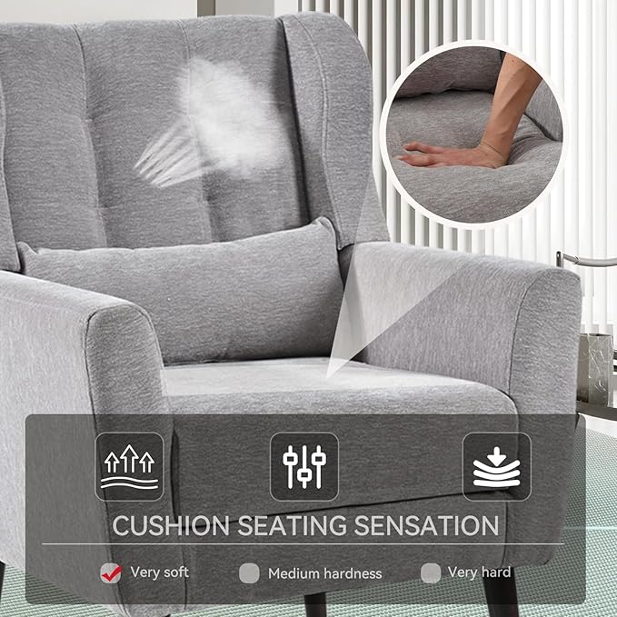 Accent Chair Set of 2, Upholstered Armchair with Pillow, Fabric Single Sofa Chair with Lounge Seat and Wood Legs Accent Chair for Living Room Small Spaces (Grey, Set of 2)-Ruum Studio Home