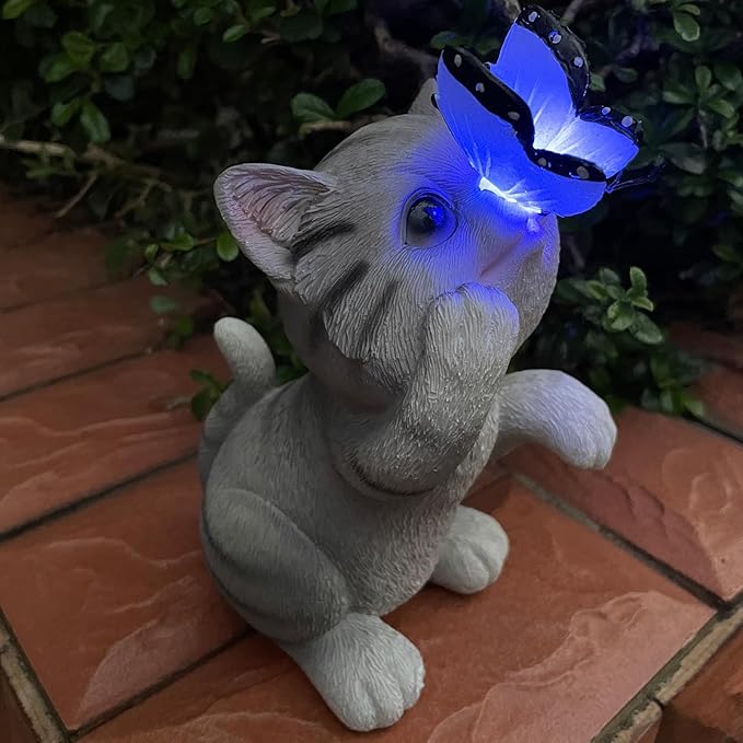 Solar Cat Outdoor Figurines Garden Decor with Butterfly Cat Statue Light for Lawn Ornaments Porch Patio Balcony Yard Decorations Outdoor Birthday Gifts for Women Grandma Mother’s Day-Ruum Studio Home