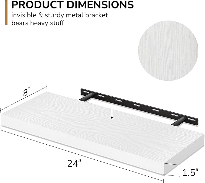 Fun Memories 24 Inch Floating Shelves - Deep Rustic White Wooden Wall Shelves - Extra Deeper & Thicker Wall Mounted Storage Shelf for Bedroom, Kitchen, Farmhouse - 2 Pack, Rustic White-Ruum Studio Home