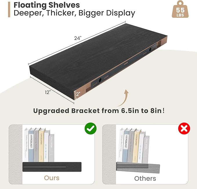 Heimlove 24 x 12 Inch Deep Floating Shelves Wall Mounted with Invisible Brackets,Storage Hanging Shelf for Wall Decor in Bathroom, Bedroom, Toilet, Kitchen, Living Room, Office Set of 2 (Black)-Ruum Studio Home