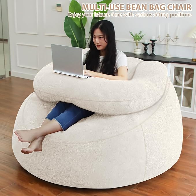 HABUTWAY Bean Bag Chair with U-Shaped Pillow for Adult and Kids Big BeanBag Chair with Filling Ultra Soft Faux Fur Couch Chair with Washable Cover for Living Room Bedroom Office, Beige & Beige-Ruum Studio Home