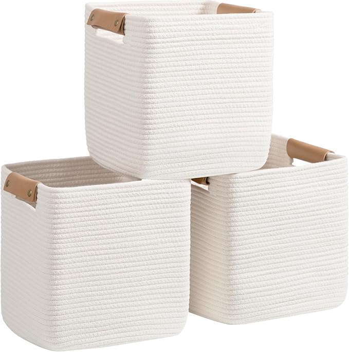 danpinera Set of 3 11 Inch Storage Baskets, Cube Storage Bins, White Woven Baskets with Stable Leather Handles, Square Cotton Rope Bins for any Room, Easy to Recover-Ruum Studio Home