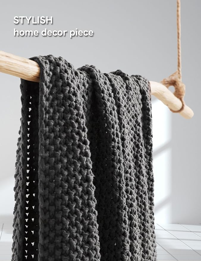 YnM Chunky Cotton Knit Throw Blanket, Cable Knit Throws for Bed Couch Sofa, Comfy & Relaxing, Decorative Piece for Farmhouse Modern Boho Rustic Scandinavian Chic Vibe, Moon Grey 80x87 Inches-Ruum Studio Home
