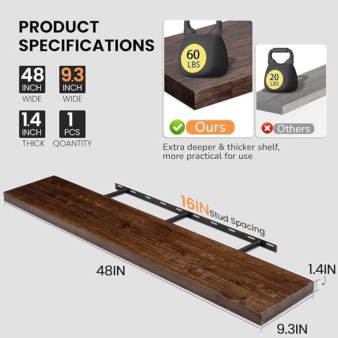 Fun Memories Floating Shelves for Wall, 48"x9.3" Rustic Solid Elm Wood Wall Shelves, Heavy-Duty Mounted Shelves with Invisible Brackets, Set of 2 for Living Room, Bedroom, Kitchen, Walnut Finish-Ruum Studio Home