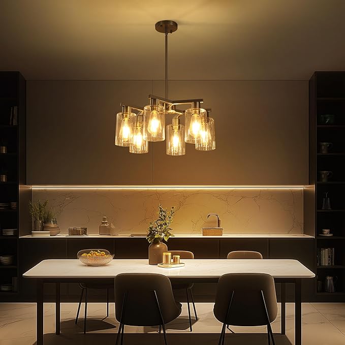 6-Light Farmhouse Brushed Nickel Chandelier,Modern Chandeliers for Dining Room Light Fixture Over Table,Adjustable Hanging Industrial Rustic Pendant Lights Kitchen Island Light with Clear Glass Shade-Ruum Studio Home