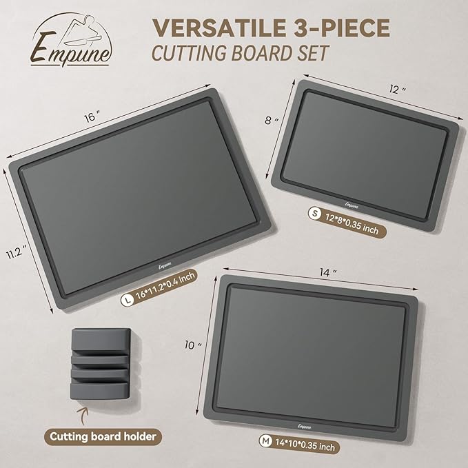 Empune Plastic Cutting Board Set, Recycled Plastic Cutting Boards for Kitchen (Set of 3), Dishwasher Safe Large Chopping Board with Holder, Non-slip Feet and Juice Grooves, Nonporous, Grey-Ruum Studio Home