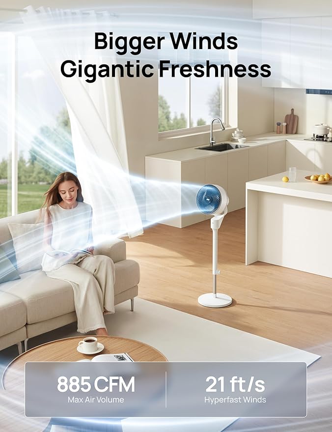 Dreo Fan for Bedroom, 80° Oscillating Standing Fan, 25dB Quiet, 80ft Pedestal Fans for Home Office, 90° Manual Vertical, 3 Speeds, Remote, 34-41" Adjustable Height, Air Circulator-Ruum Studio Home