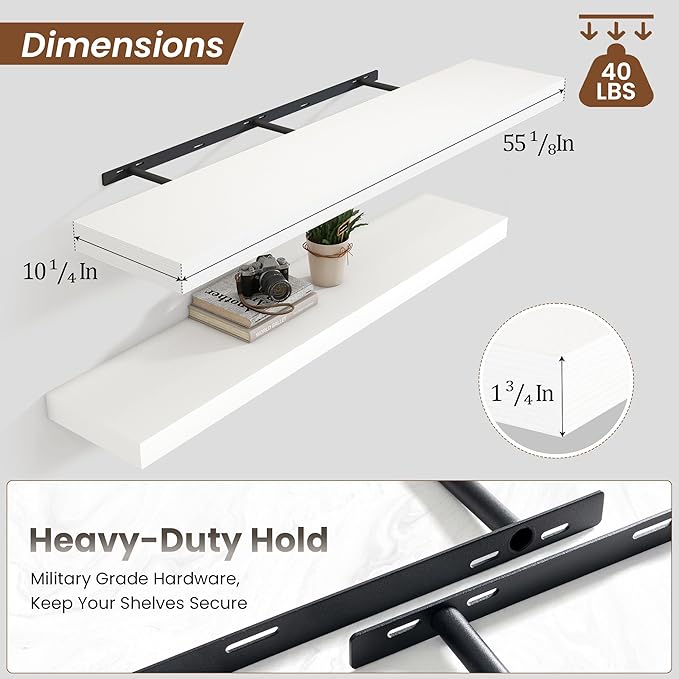 Heimlove 55 Inch Floating Shelves for Wall,10 Deep Large White Wall Shelf with Heavy Duty Brackets,Wall Mounted Storage & Display Shelves for Bedroom,Living Room,Kitchen,Office-Ruum Studio Home