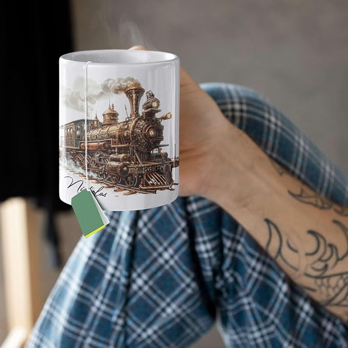 Customized Vintage Locomotive Design Ceramic Cup, Personalized Steampunk Train Coffee Mug 11oz 15oz, Unique Custom Name Mug Gift For Train Enthusiasts, Steam Engine White Mug-Ruum Studio Home