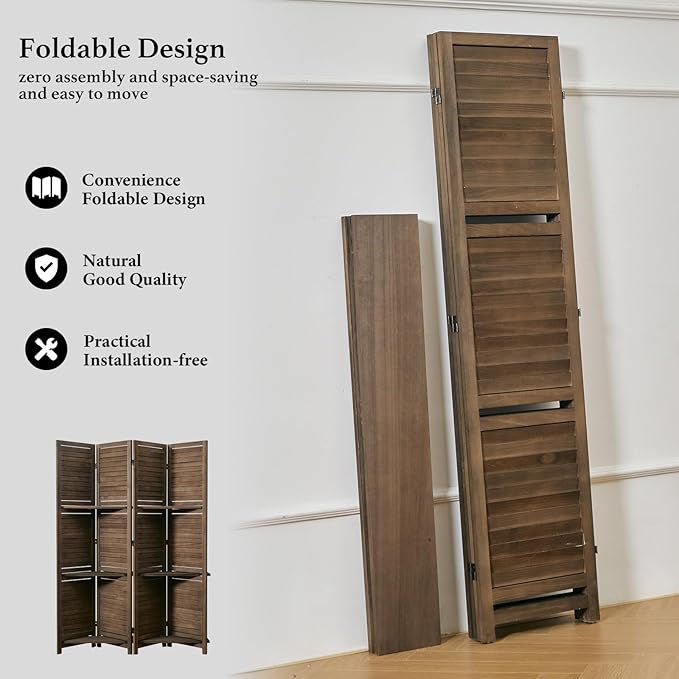 Room Divider with Shelves, 5.6 Ft Tall Folding Wood Screen with Double Hinges for Home Office Bedroom Hotel Decoration (4 Panels, Brown)-Ruum Studio Home