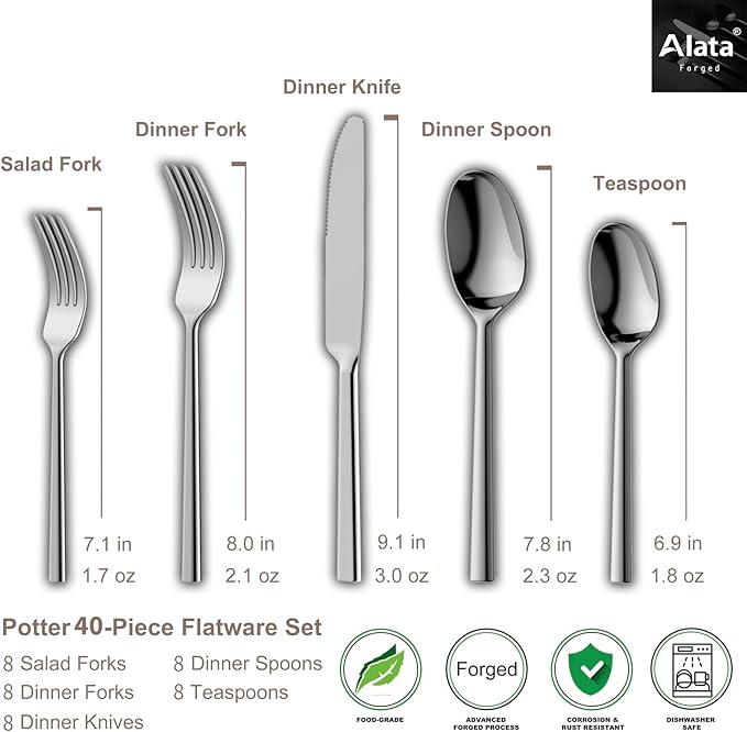 Alata Potter 40-Piece Forged Silverware Set Stainless Steel Flatware Set Cutlery Set, Service for 8, Mirror Finish, Dishwasher Safe-Ruum Studio Home