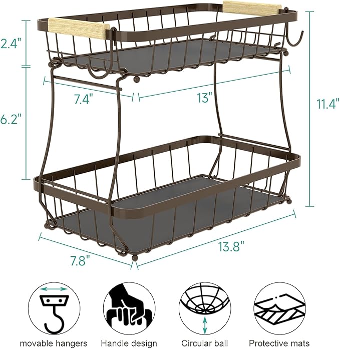 2 Tier Fruit Basket for Kitchen Counter with 2 Banana Hangers, 2025 Pro Detachable Metal Fruit Bowl with Wooden Handle,Fruit Holder for Bread Snack Veggies, Brown-Ruum Studio Home