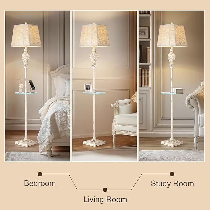 Vintage Floor Lamp with Nightlight and Glass Tray, Farmhouse Standing Lamp with White Washed Finish and Linen Shade, 65" Rustic Tall Lamp Decor for Living Room, Bedroom, Office, House (Bulb Included)-Ruum Studio Home