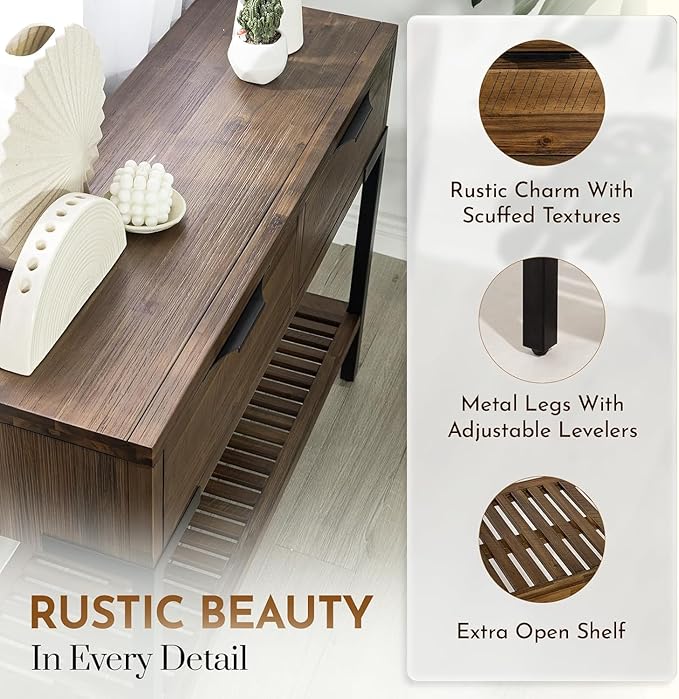 Bme Millie Farmhouse Solid Wood Console Table with 2 Drawers & Storage Shelves, 43" Boho Sofa Table for Entryway, Hallway, Living Room, Rustic Chestnut-Ruum Studio Home