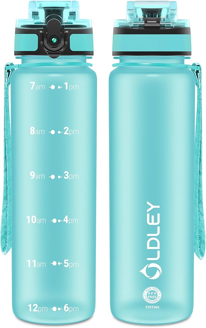OLDLEY 32 oz Water Bottle, Motivational Water Bottle with Time Marker, Sports Water Bottle With Strap, Leakproof & BPA Free Large Water Bottles for School, Gym, Travel, Outdoor, Tritan,Green-Ruum Studio Home