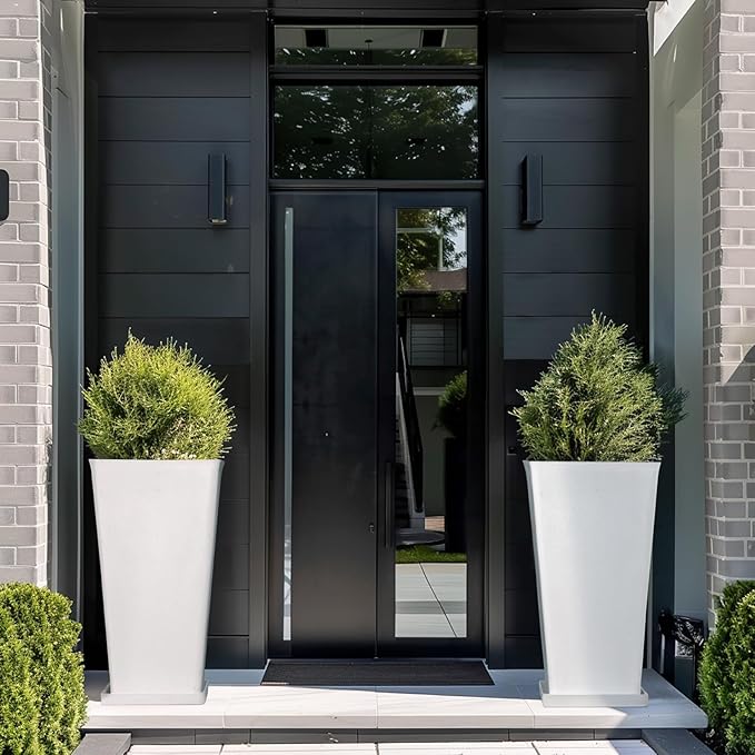 LA JOLIE MUSE 26 inch White Tall Planters for Outdoor Plants,Set of 2 Large Planters for Indoor Plants,V Shaped Tree Planters for Front Door, 26'' White With Tray-Ruum Studio Home